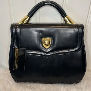 Vintage y2K faux black leather Sasha handbag designer vibes crest knight horse